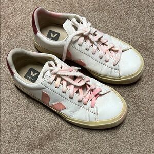 Veja Women's White and Pink Lace-Up Sneakers